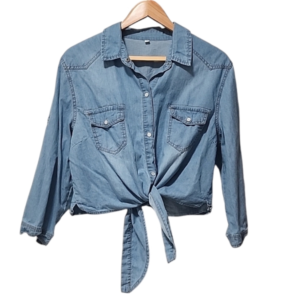 Tie Front Cropped Denim Western Shirt XL Pearl Snap Cowgirl Lightweight Festival - Picture 6 of 10